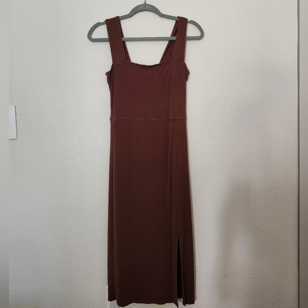Quince Ribbed Midi Dress in Brown with Side Slit